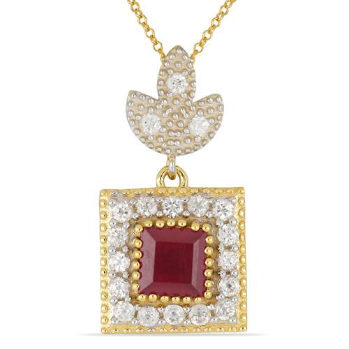14K GOLD NATURAL GLASS FILLED RUBY GEMSTONE HALO PENDANT WITH WHITE DIAMOND
